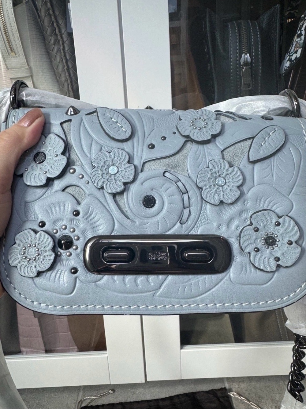 Coach Pale Blue Floral Leather Crossbody with Gunmetal Chain - Picture 3 of 13